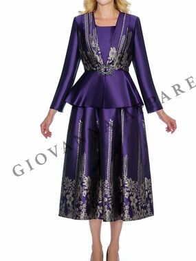 Purple Embroidered Peplum Midi Dress with Jacket
